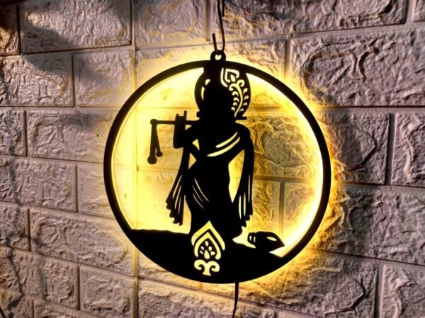 MDF Wood Shri Krishna Backlit Wall Art With LED Light For Living Room - Krishana Wall Decor, Wall Art For Home and Office(18X18) WARM WHITE