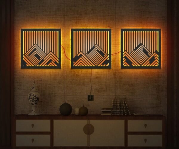 Geometric Mountain LED Wall Art – 3-Piece Backlit Panel Set - Image 5