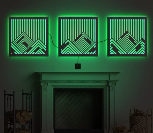 Geometric Mountain LED Wall Art – 3-Piece Backlit Panel Set - Image 3