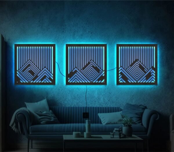 Geometric Mountain LED Wall Art – 3-Piece Backlit Panel Set - Image 4
