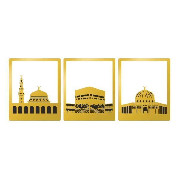 Islamic Landmark Wooden Wall Art – 3-Piece Golden Panel Set (Kaaba, Masjid Nabawi & Dome of the Rock) | 18 inch - Image 5