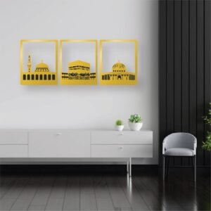 Islamic Landmark Wooden Wall Art – 3-Piece Golden Panel Set (Kaaba, Masjid Nabawi & Dome of the Rock) | 18 inch