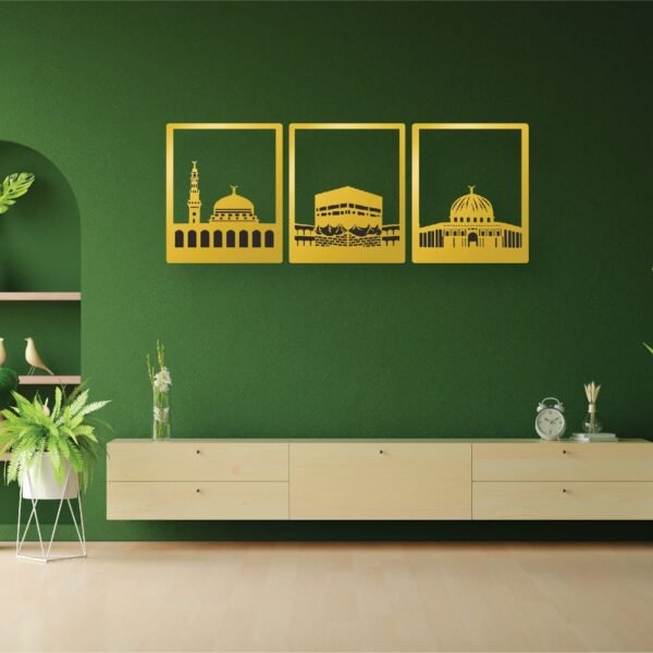 Islamic Landmark Wooden Wall Art – 3-Piece Golden Panel Set (Kaaba, Masjid Nabawi & Dome of the Rock) | 18 inch - Image 3