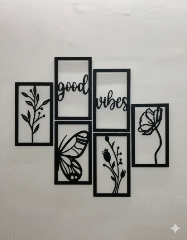 Set of 6 "Good Vibes" Butterfly & Floral Wooden Wall Art Panels