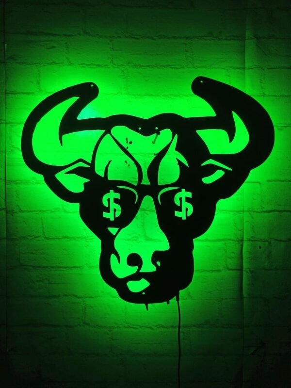 LED Wall Art – Bull Face with Dollar Glasses Silhouette Backlight - Image 3