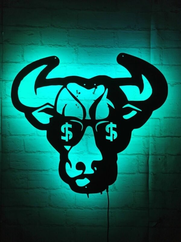 LED Wall Art – Bull Face with Dollar Glasses Silhouette Backlight - Image 2