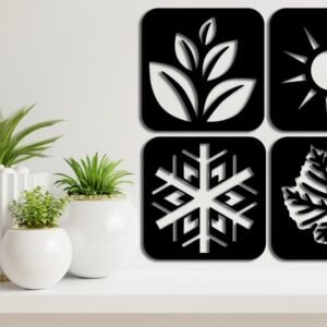 Modern Wooden Wall Art – 4 Seasons Set (Spring, Summer, Autumn, Winter) | Minimalist Black Cut-out Panels | 12 Inch