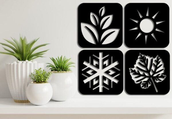 Modern Wooden Wall Art – 4 Seasons Set (Spring, Summer, Autumn, Winter) | Minimalist Black Cut-out Panels | 12 Inch