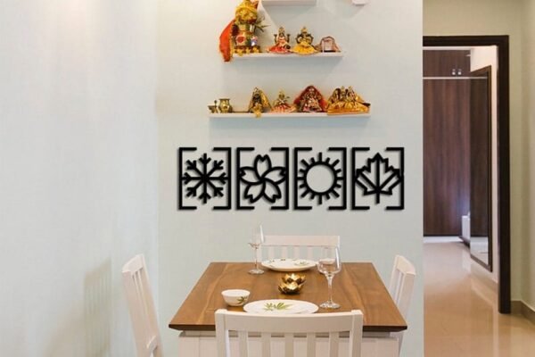 Wooden Seasonal Wall Art Set – Minimalist Snowflake, Flower, Sun & Leaf Symbols | 12 Inch