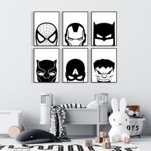 Minimalist Black & White Superhero Wall Art Prints – Set of 6 Marvel & DC Icons for Kids’ Room Decor | 12 inch