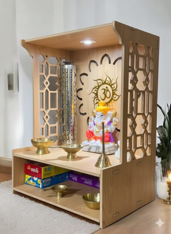 Elegant Wooden Home Temple with Backlit Om Design – Compact Pooja Mandir for Modern Homes | 18 inch - Image 2