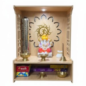 Elegant Wooden Home Temple with Backlit Om Design – Compact Pooja Mandir for Modern Homes | 18 inch