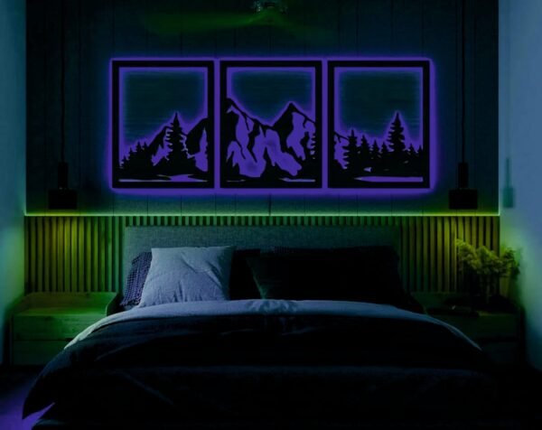 3-Piece LED Mountain Landscape Wall Art – Backlit Nature Scene with RGB Lights for Bedroom or Living Room | 18x12 Inch each - Image 3