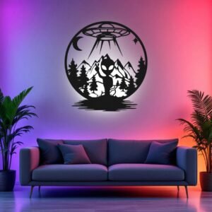 Alien Abduction LED Wall Art – UFO Scene Backlit Sign with Mountains & Forest | Sci-Fi Wall Decor | 18 Inch