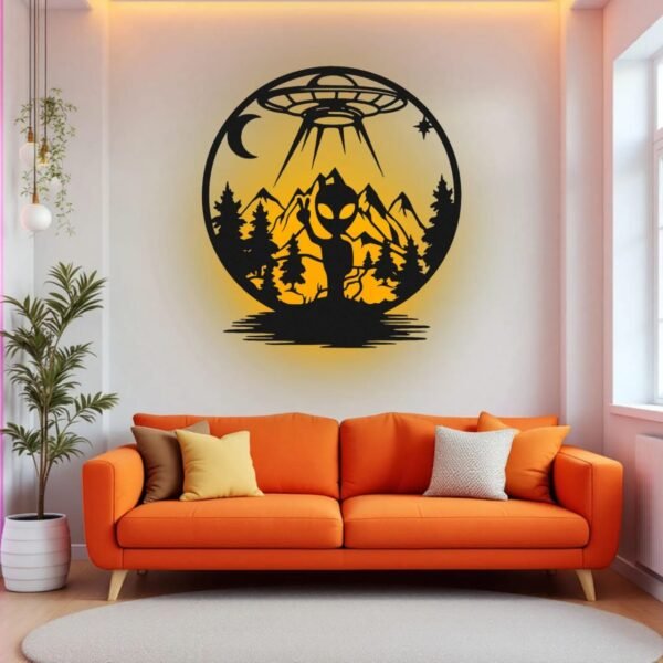 Alien Abduction LED Wall Art – UFO Scene Backlit Sign with Mountains & Forest | Sci-Fi Wall Decor | 18 Inch - Image 4