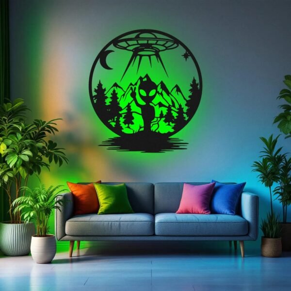 Alien Abduction LED Wall Art – UFO Scene Backlit Sign with Mountains & Forest | Sci-Fi Wall Decor | 18 Inch - Image 3