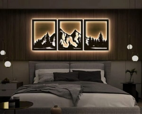 3-Piece LED Mountain Landscape Wall Art – Backlit Nature Scene with RGB Lights for Bedroom or Living Room | 18x12 Inch each