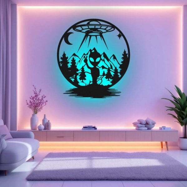 Alien Abduction LED Wall Art – UFO Scene Backlit Sign with Mountains & Forest | Sci-Fi Wall Decor | 18 Inch - Image 2