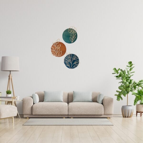 Botanical Wall Art Set – Modern Floral Acrylic & Wood Decor | Boho Leaf Circle Panels (Set of 3) | 8 inch - Image 2