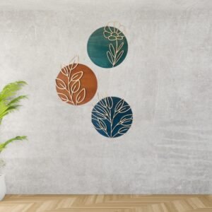 Botanical Wall Art Set – Modern Floral Acrylic & Wood Decor | Boho Leaf Circle Panels (Set of 3) | 8 inch