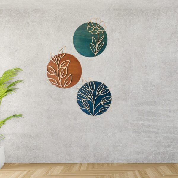 Botanical Wall Art Set – Modern Floral Acrylic & Wood Decor | Boho Leaf Circle Panels (Set of 3) | 8 inch