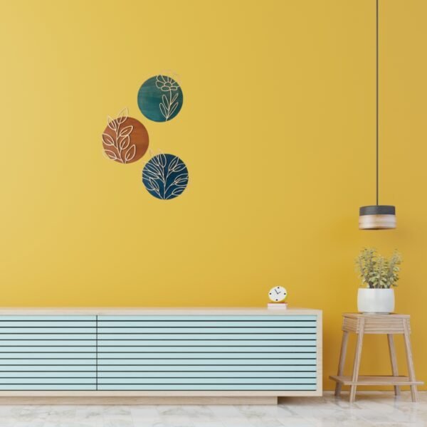 Botanical Wall Art Set – Modern Floral Acrylic & Wood Decor | Boho Leaf Circle Panels (Set of 3) | 8 inch - Image 3