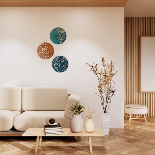 Botanical Wall Art Set – Modern Floral Acrylic & Wood Decor | Boho Leaf Circle Panels (Set of 3) | 8 inch - Image 4