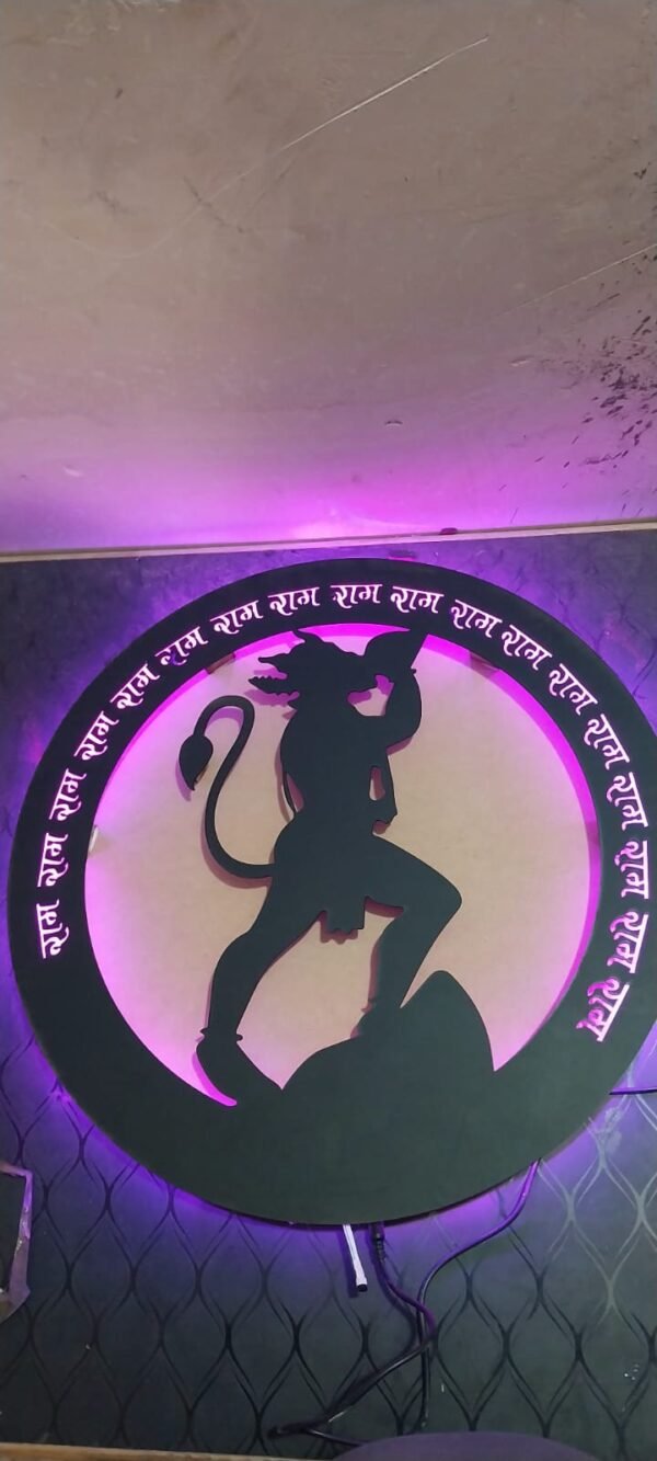 Hanuman Wooden Wall Art | LED Light Wall Hanging for Worship & Home Decor | Temple Spiritual Decor | 18 Inch - Image 2