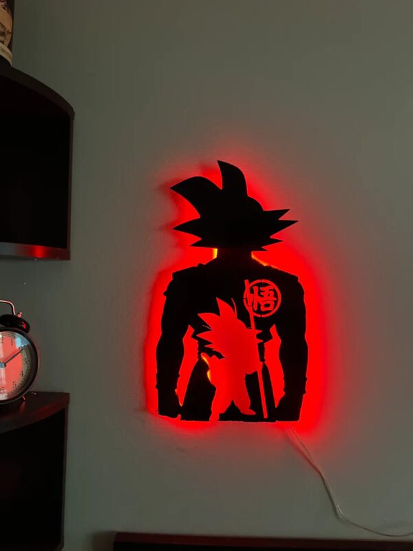 Dual Goku Silhouette LED Wall Light – Red Backlit Anime Lamp Featuring Kid & Adult Goku