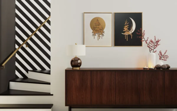Two-Piece Nature Wall Art Set – Gold Trees with Full Moon and Crescent Moon on Black & White Backgrounds | 12 inch - Image 4