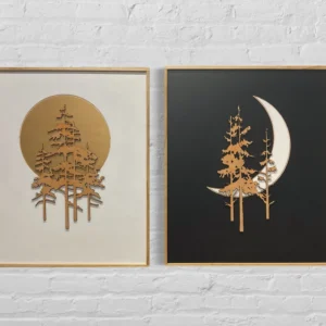 Two-Piece Nature Wall Art Set – Gold Trees with Full Moon and Crescent Moon on Black & White Backgrounds | 12 inch