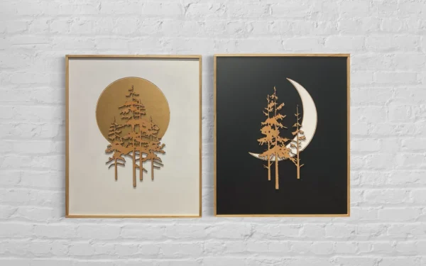 Two-Piece Nature Wall Art Set – Gold Trees with Full Moon and Crescent Moon on Black & White Backgrounds | 12 inch