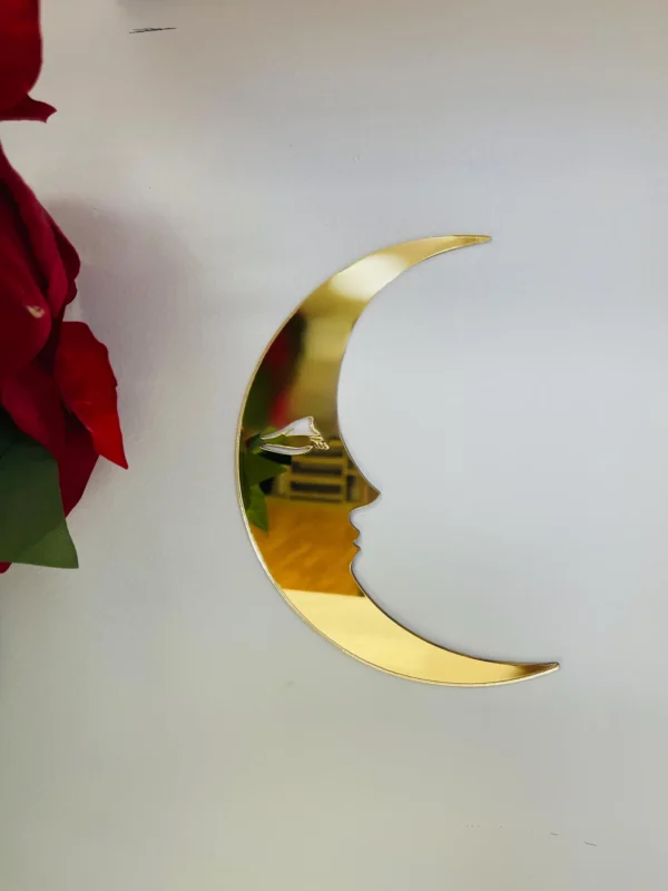 Golden Acrylic Crescent Moon Face Wall Art – Modern Celestial Home Decor | 12 Inch