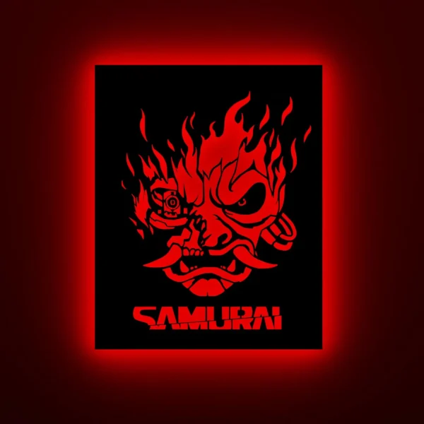 Samurai LED Wall Art Sign – Cyberpunk Gaming Room Neon Light Décor 18 inch